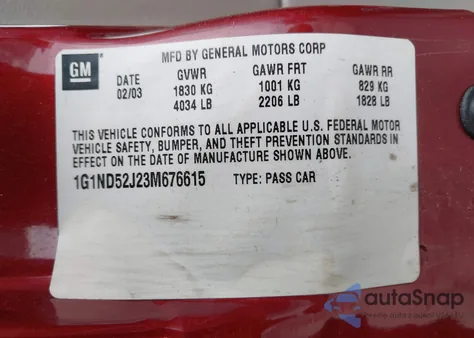 2003 Chevrolet Malibu z USA, uszkodzony, nr VIN 1G1ND52J23M676615